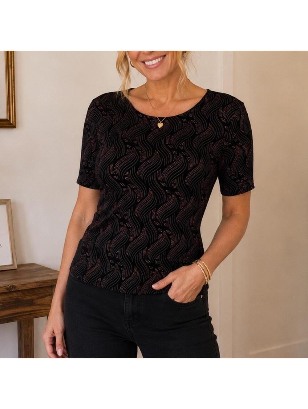 Vintage TanJay Black Slinky Beaded Blouse PS Petite Short Sleeve Stretch Top